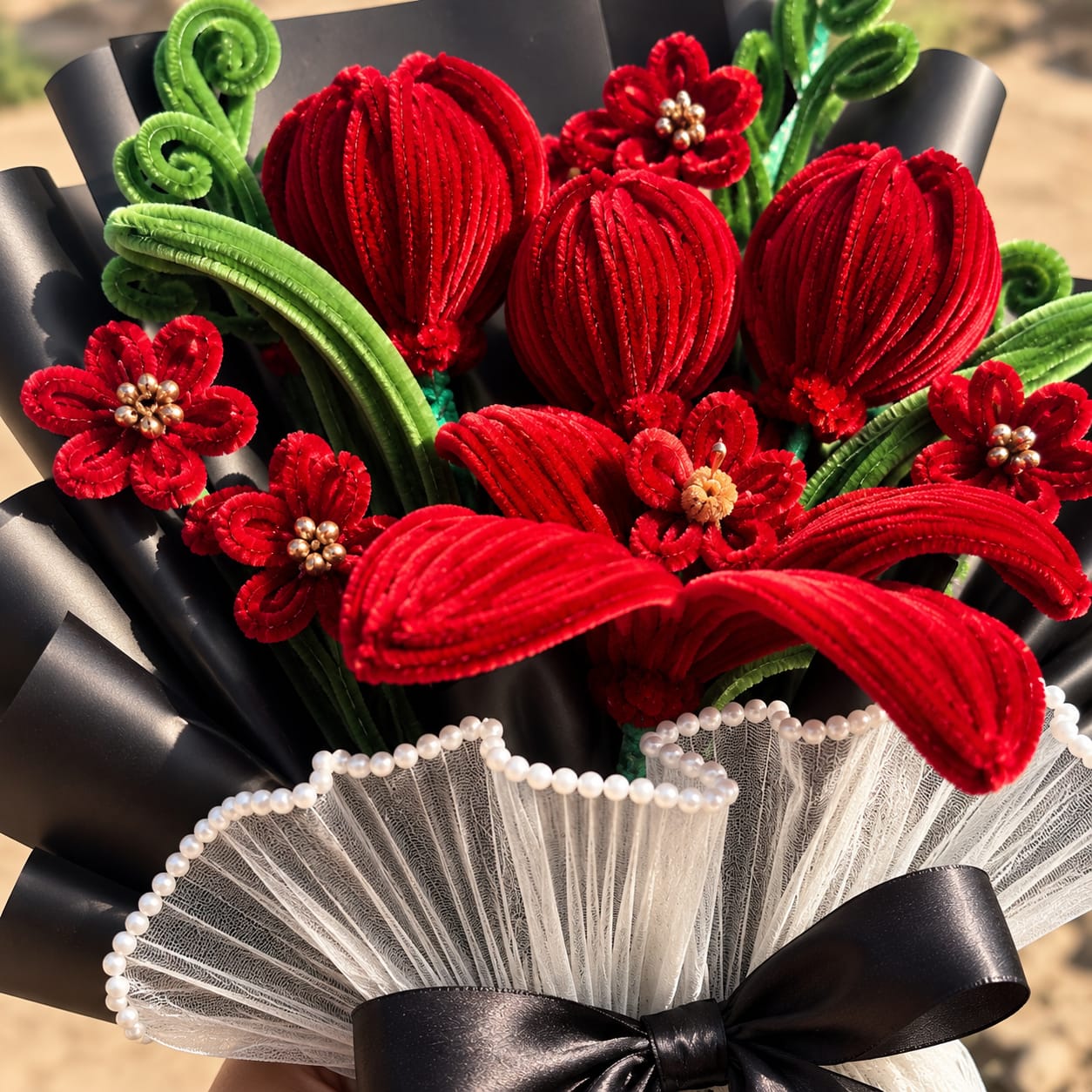 Gothic Noir Crimson Velvet Tulip & Lily Bouquet