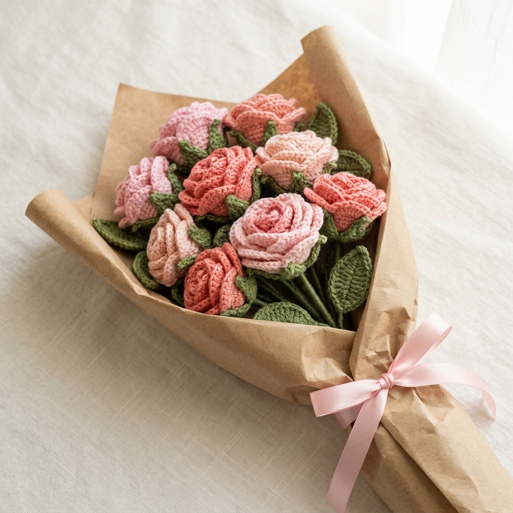 Vintage Blush Crochet Rose Bouquet