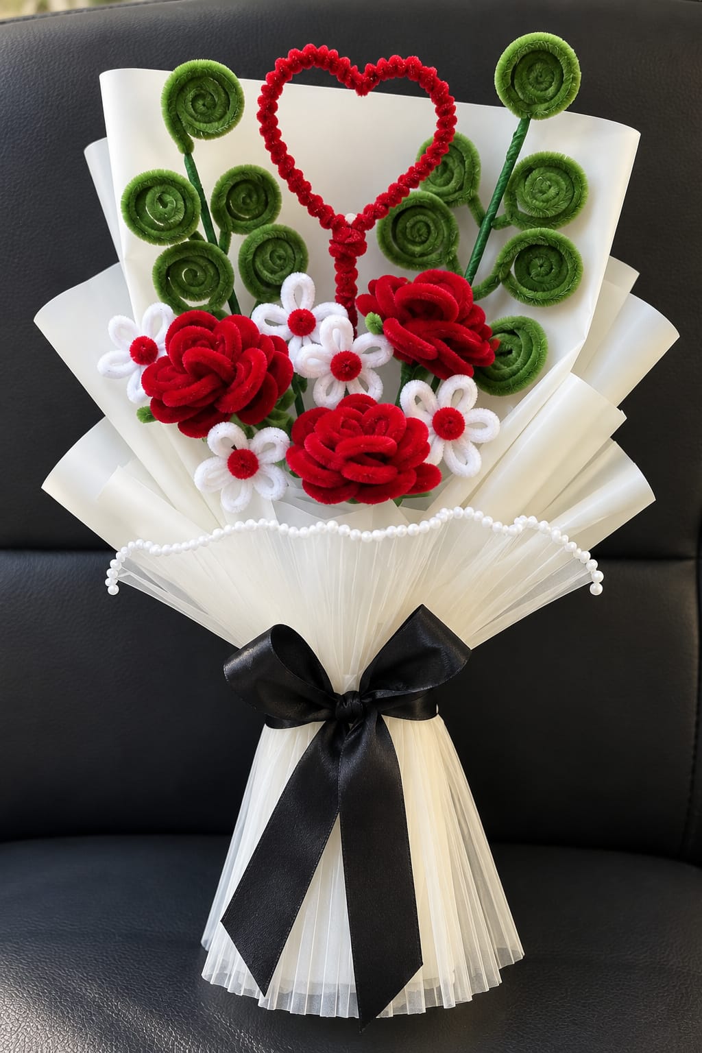 Romantic Velvet Red Rose & Pearl Heart Bouquet